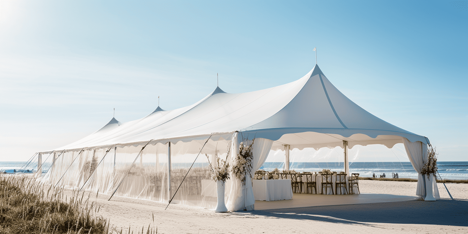 A white pole tent on a beach, tables laid for a wedding reception with the ocean behind